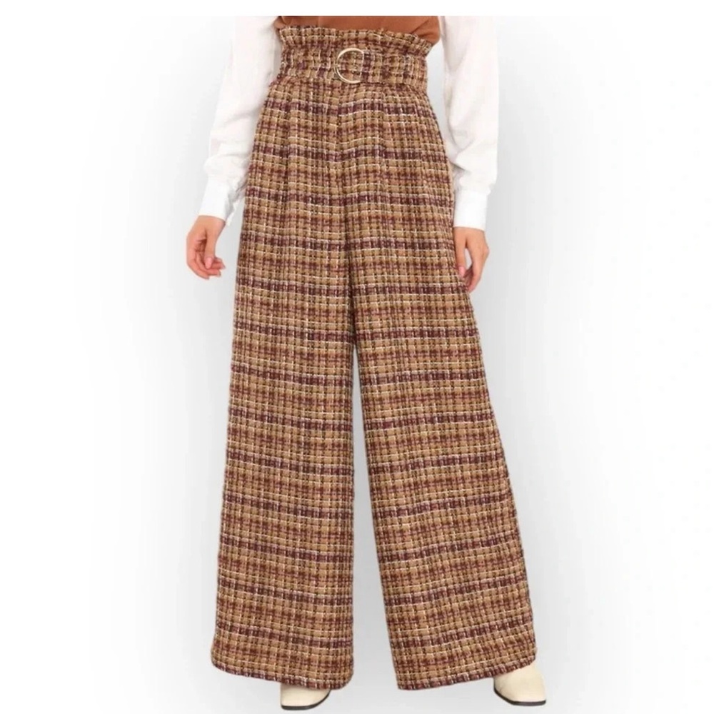 Aura Women's Brown Plaid Tweed Paperbag Wide Leg Pants with Belt High Rise xs